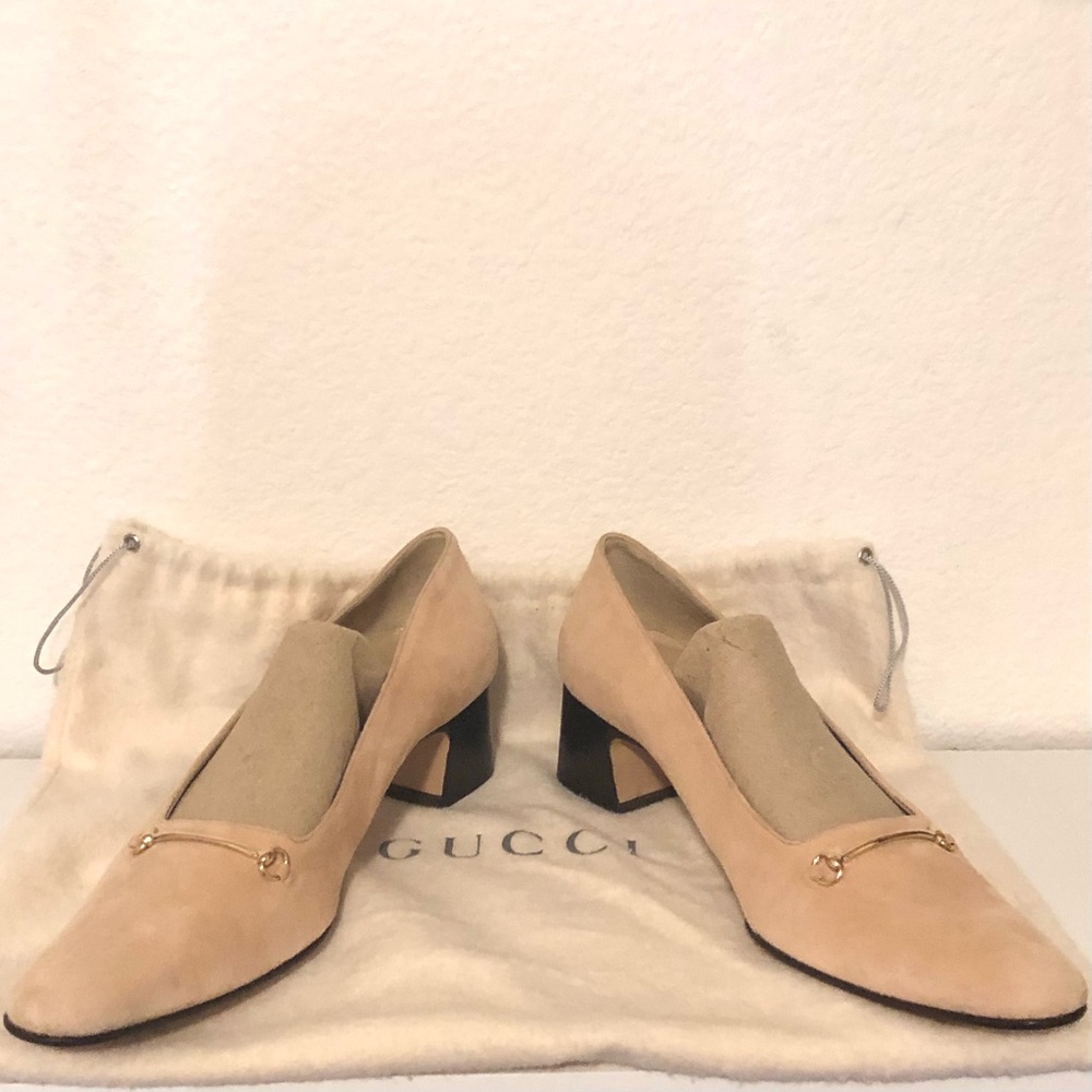 (NWOT) Gucci Vintage Suede Horse Bit Taupe Pink Mid-Heel Pointed Heels | 38C - Picture 2 of 16